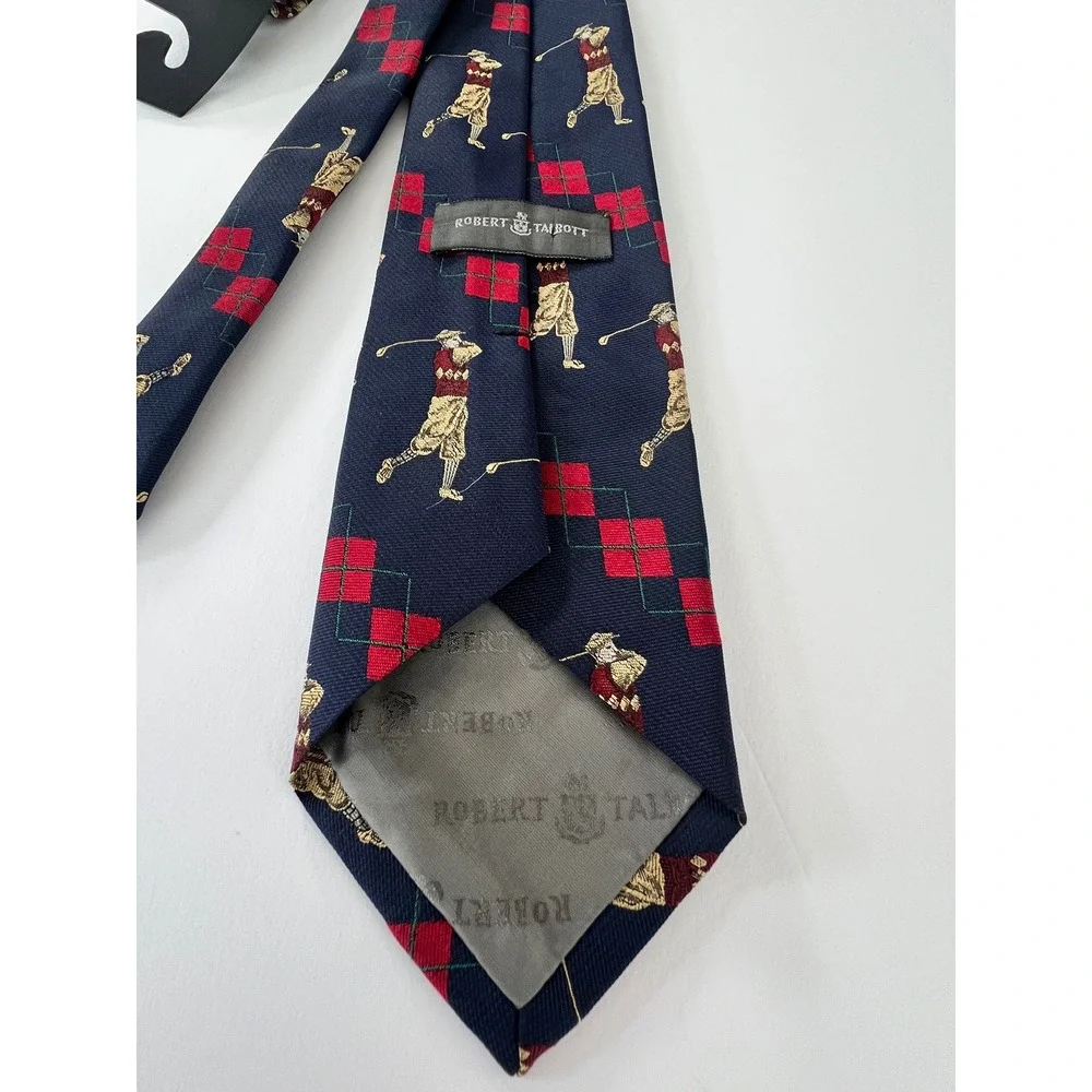 Robert Talbott Mens Silk Tie Navy Blue Red Argyle Vintage Golfers Sporty Preppy